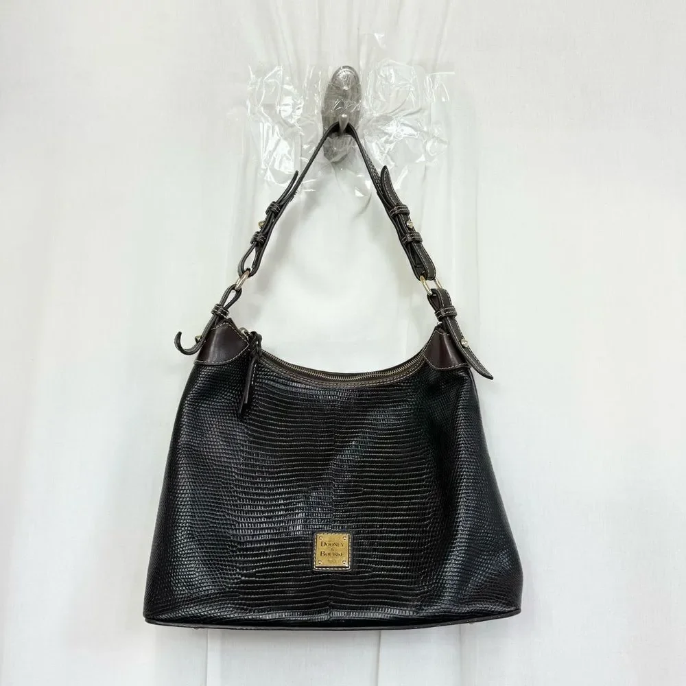 Dooney & Burke Pebble Grain Leather Lizard Embossed Hobo Shoulder Bag Brown